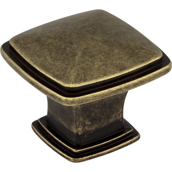1-1/4" Overall Length Lightly Distressed Antique Brass Square Milan 1 Cabinet Knob
