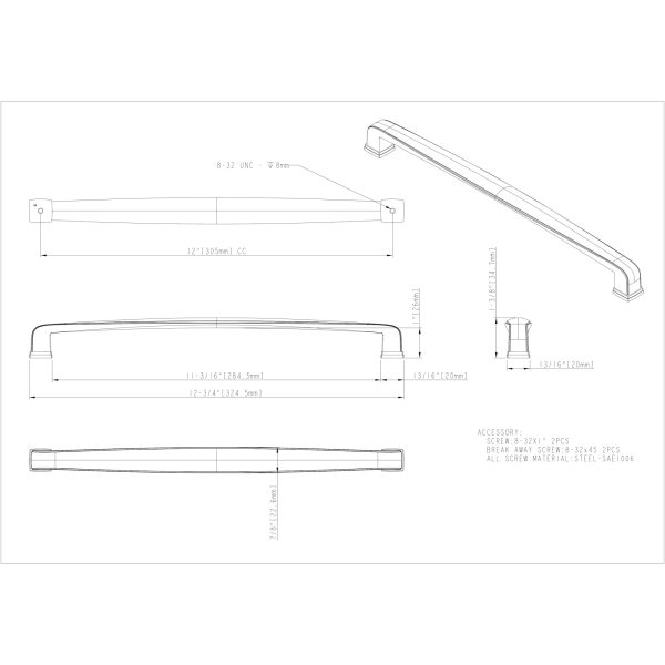 12" Center-to-Center Polished Chrome Square Milan 1 Appliance Handle - Image 4