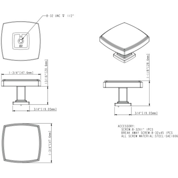 1-3/4" Overall Length Matte Black Square Renzo Cabinet Knob - Image 5