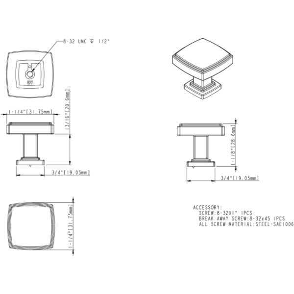 1-1/4" Overall Length Polished Chrome Square Renzo Cabinet Knob - Image 5