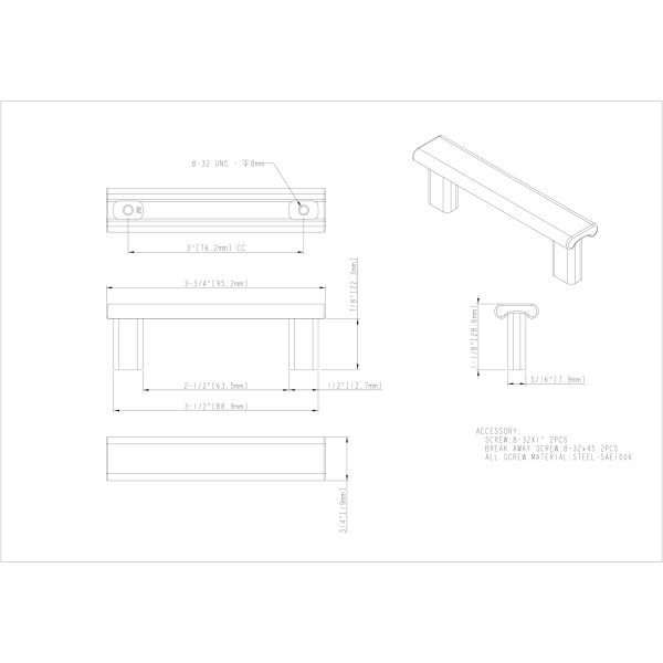 3" Center-to-Center Brushed Pewter Square Park Cabinet Pull - Image 4