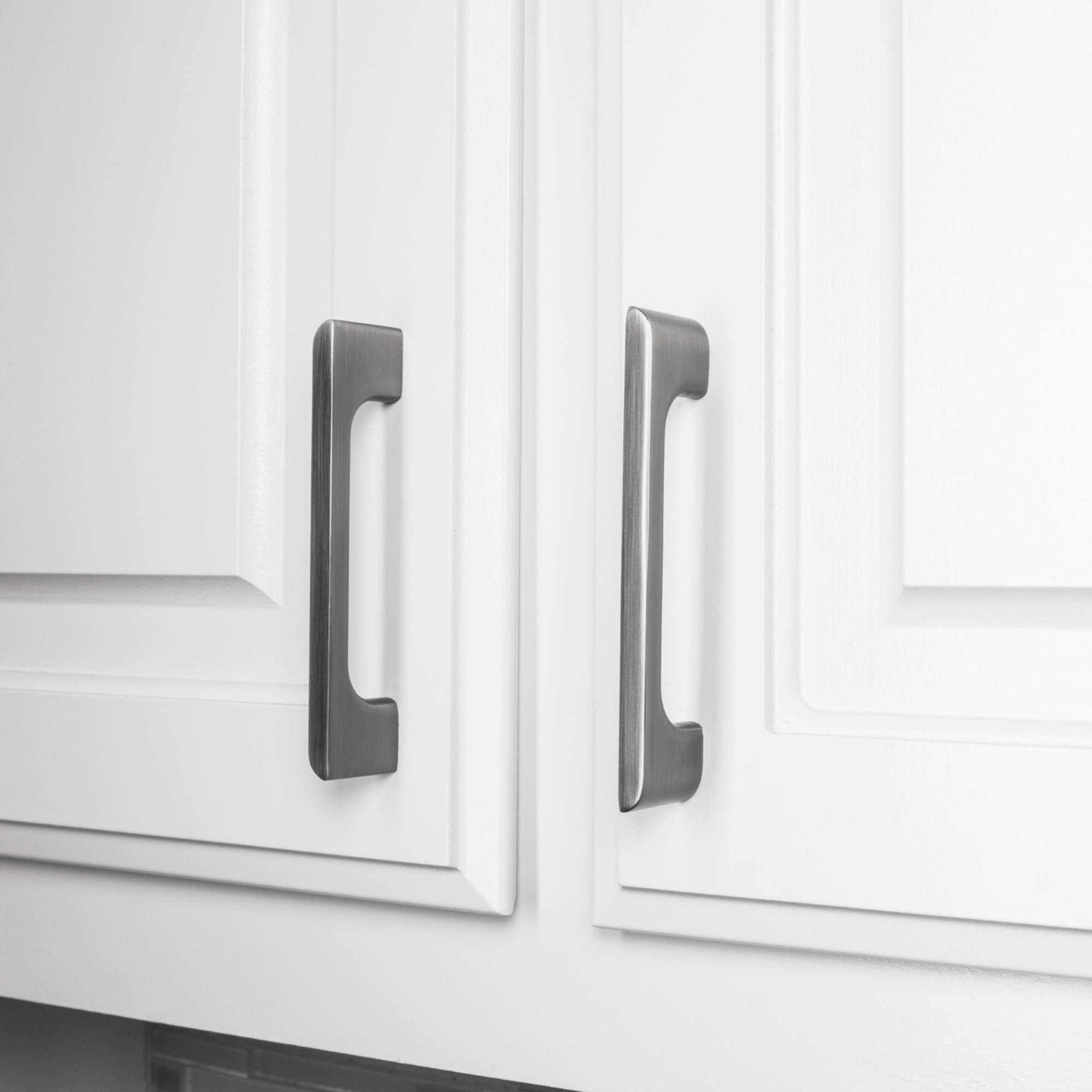 96 mm Center-to-Center Brushed Pewter Asymmetrical Leyton Cabinet Pull - Image 5