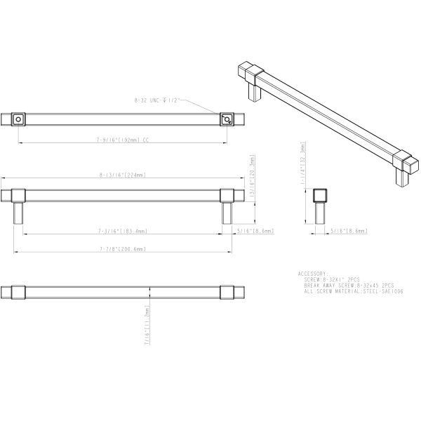192 mm Center-to-Center Satin Nickel Square Zane Cabinet Pull - Image 6