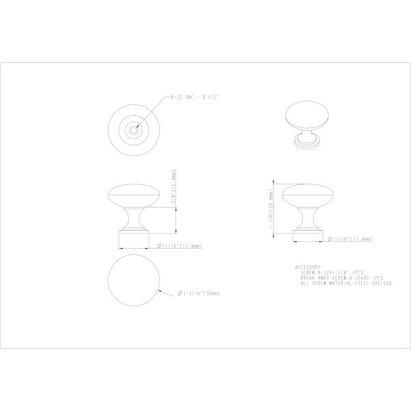 1-3/16" Diameter Satin Nickel Madison Cabinet Mushroom Knob - Image 3