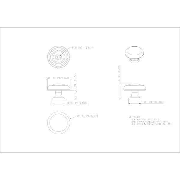 1-3/16" Diameter Satin Nickel Gatsby Cabinet Mushroom Knob - Image 3