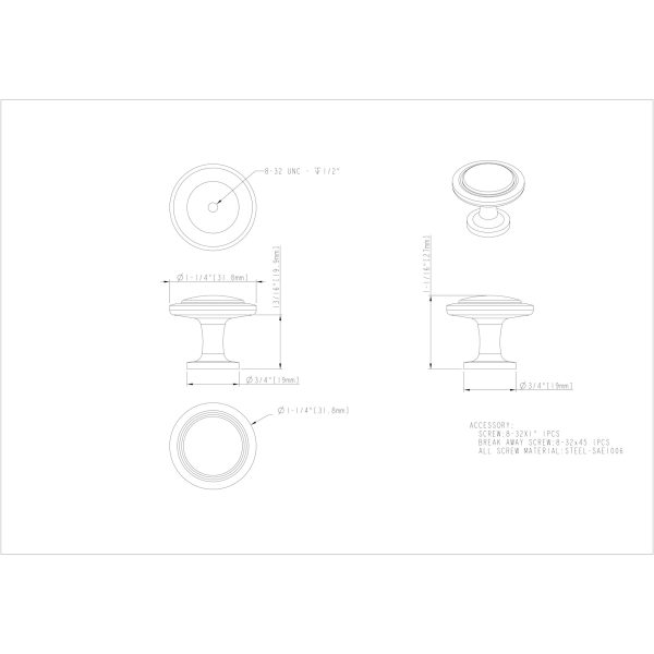 1-1/4" Diameter Brushed Pewter Round Button Gatsby Cabinet Knob - Image 3