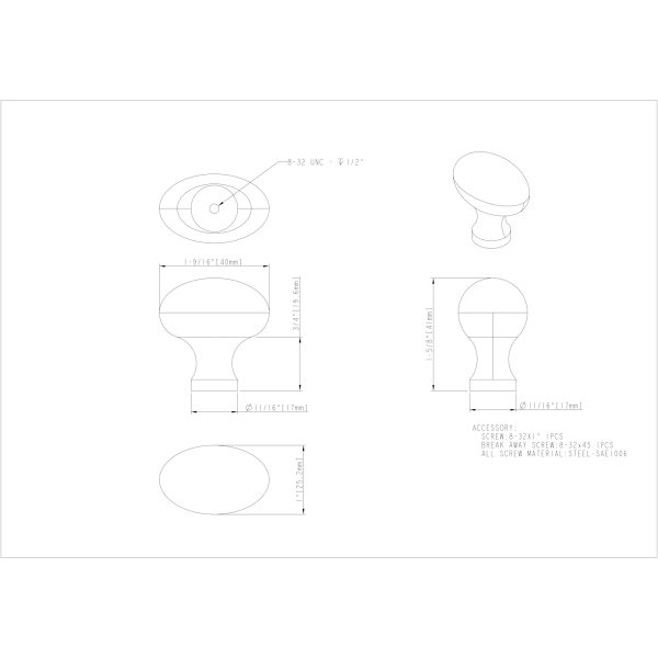 1-9/16" Overall Length Satin Nickel Football Lyon Cabinet Knob - Image 4