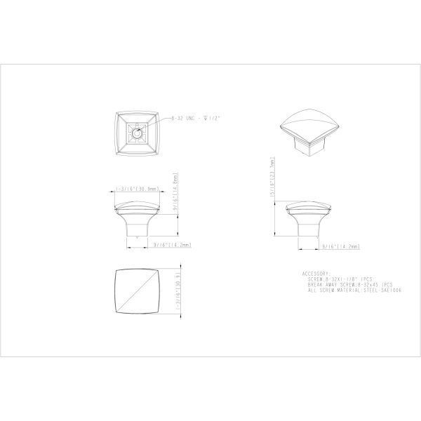1-3/16" Overall Length Brushed Oil Rubbed Bronze Square Sonoma Cabinet Knob - Image 4