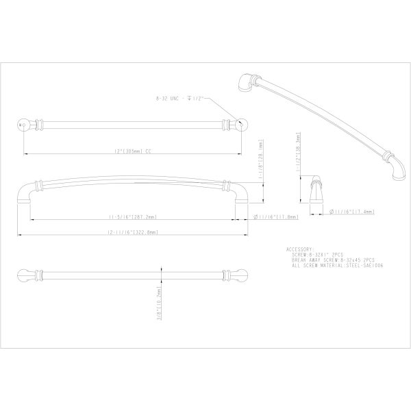 305 mm Center-to-Center Brushed Pewter Marie Cabinet Pull - Image 3