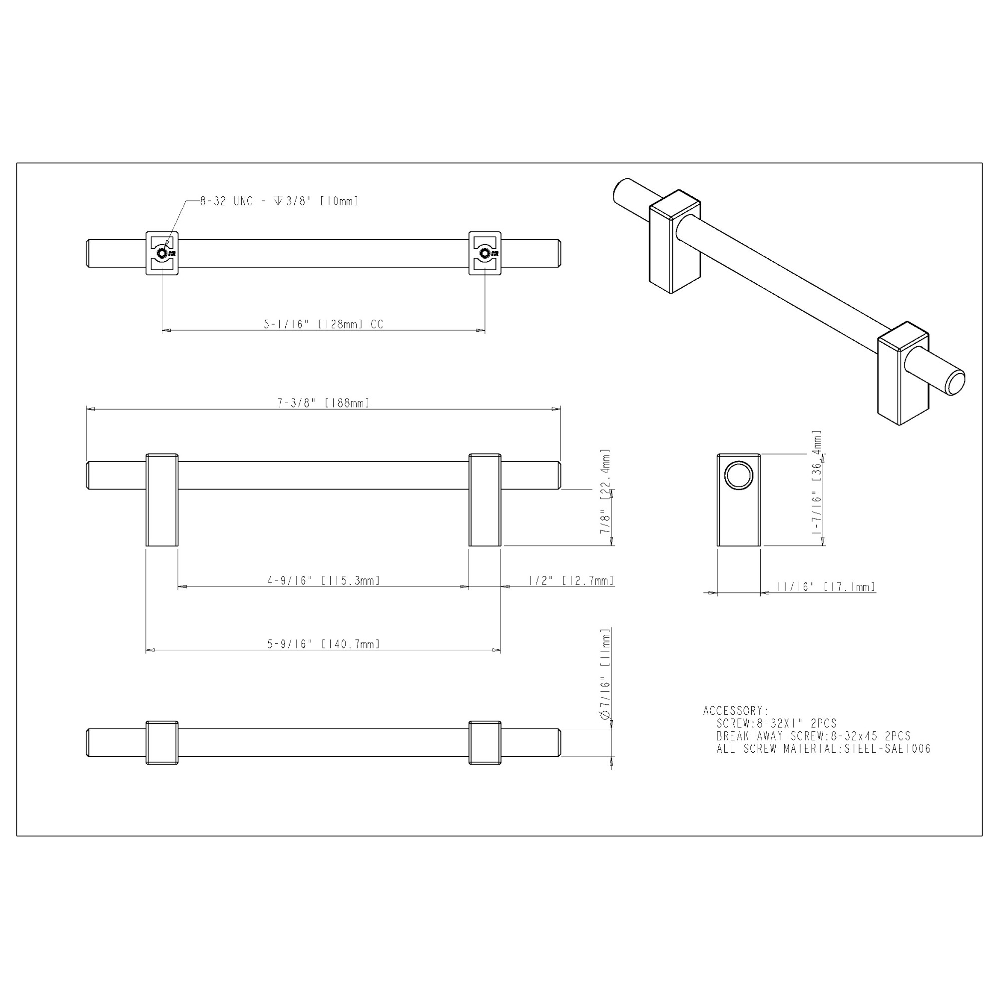Larkin 2 Cabinet Pull – 128 mm in Matte Black w/Polished Chrome