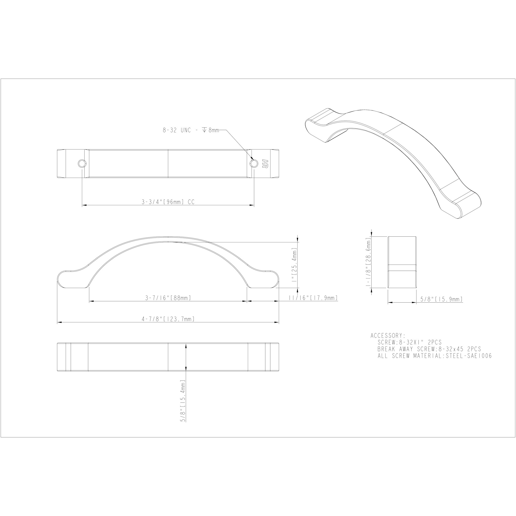 96 mm Center-to-Center Brushed Pewter Arched Seaver Cabinet Pull - Image 4