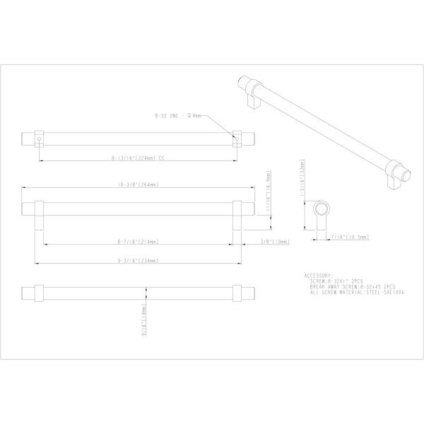 224 mm Center-to-Center Satin Nickel Key Grande Cabinet Bar Pull - Image 4