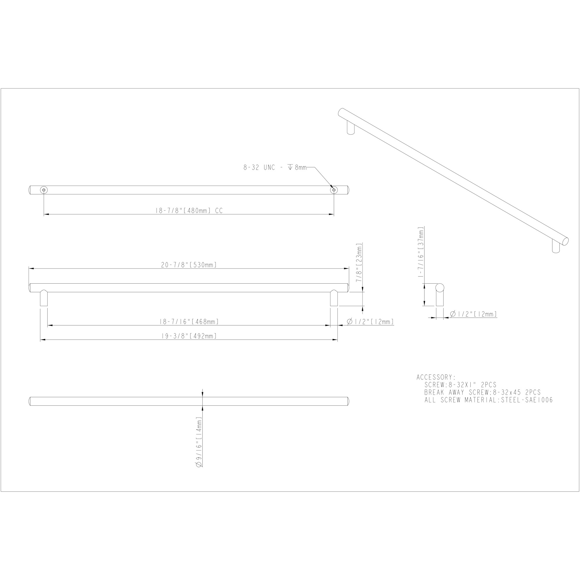 480 mm Center-to-Center Satin Nickel Key West Cabinet Bar Pull - Image 4