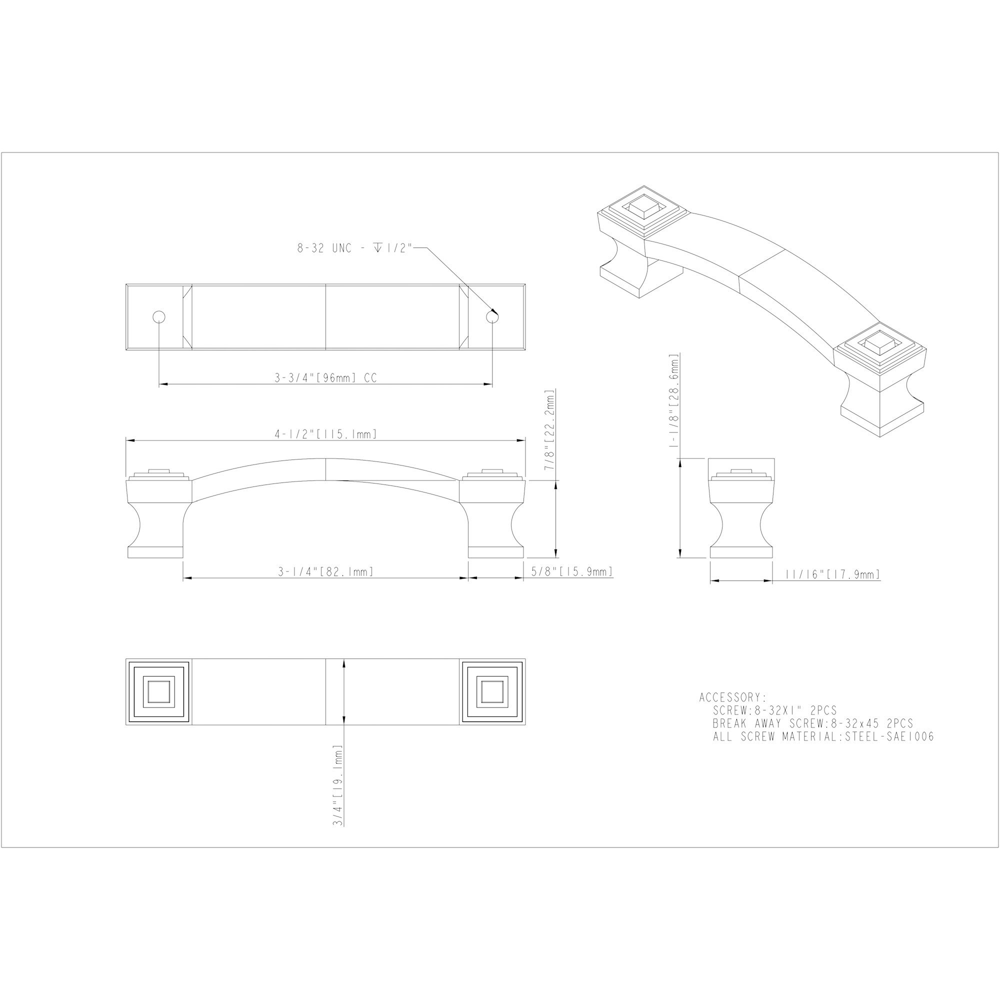 96 mm Center-to-Center Brushed Pewter Square Delmar Cabinet Pull - Image 4