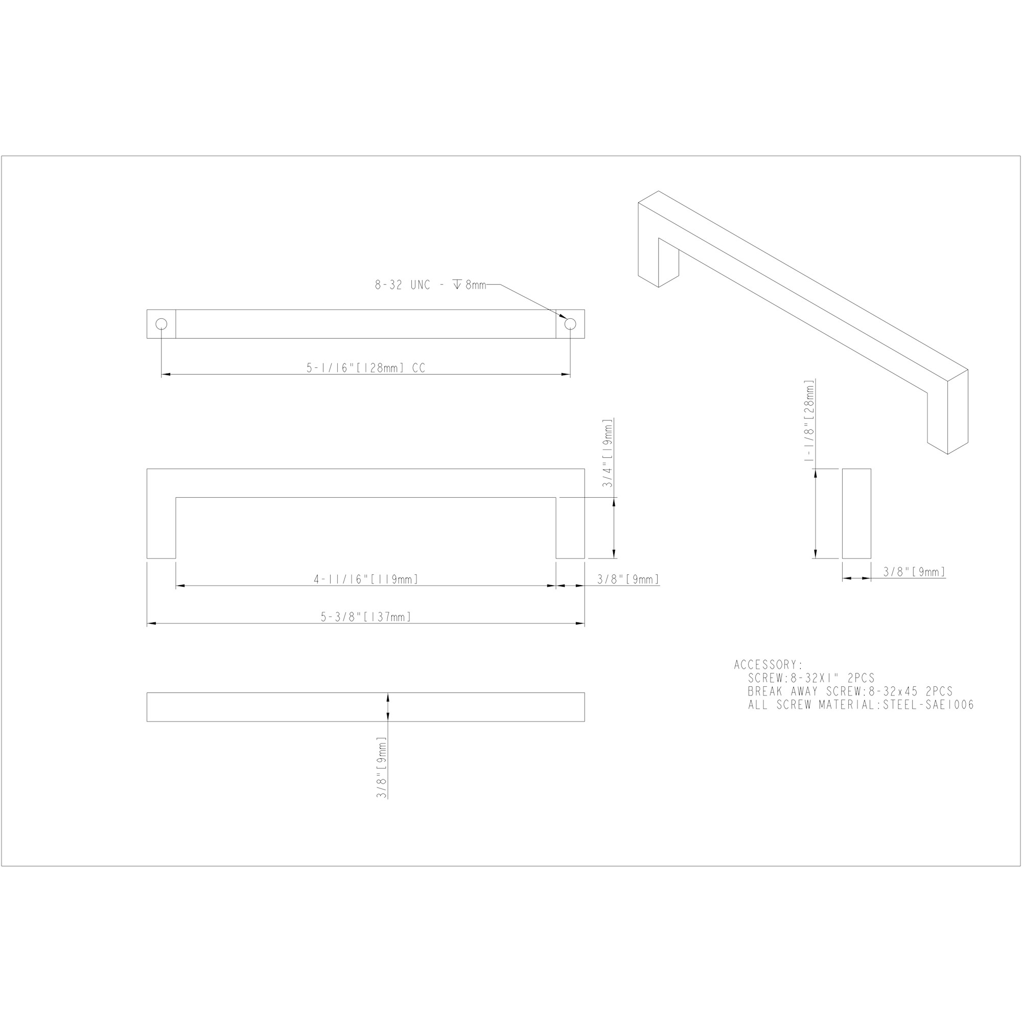128 mm Center-to-Center Satin Nickel Square Stanton Cabinet Bar Pull - Image 6