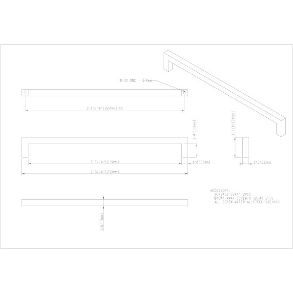 224 mm Center-to-Center Brushed Gold Square Stanton Cabinet Bar Pull - Image 5