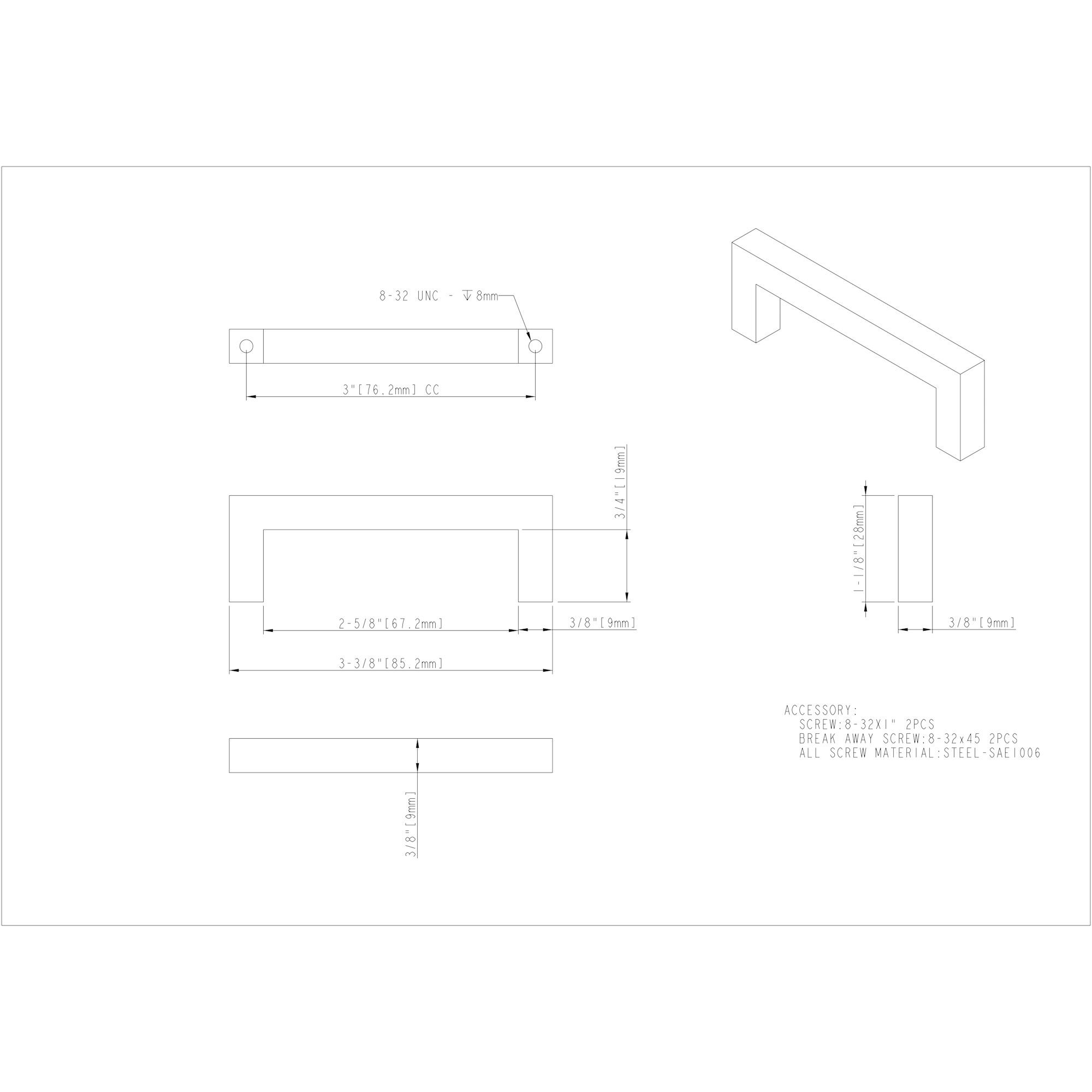 3" Center-to-Center Matte Silver Square Stanton Cabinet Bar Pull - Image 4