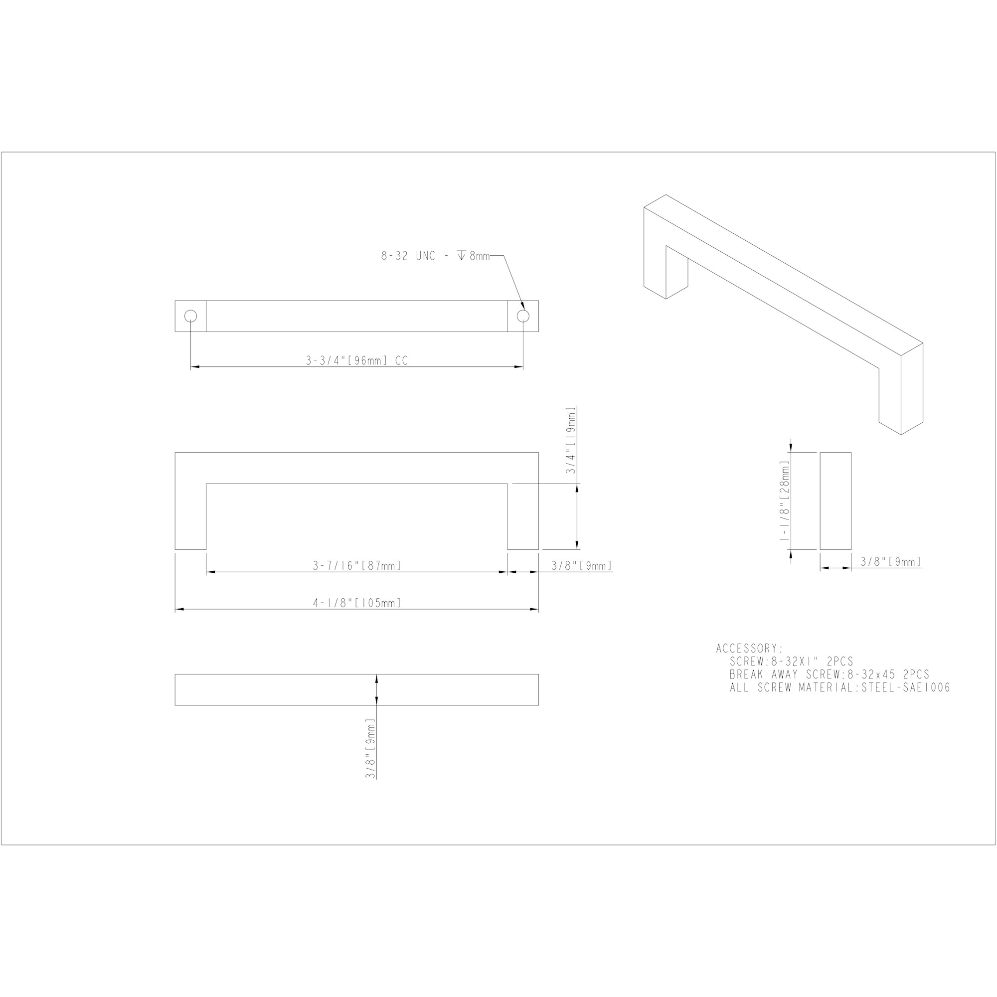 96 mm Center-to-Center Matte Silver Square Stanton Cabinet Bar Pull - Image 4