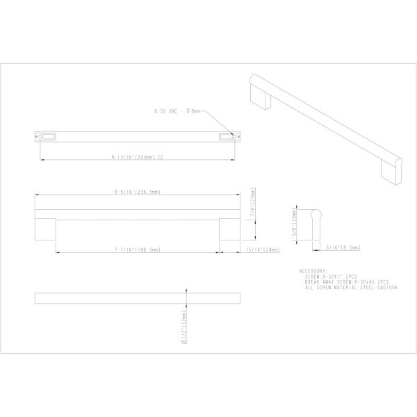 224 mm Center-to-Center Satin Nickel Knox Cabinet Bar Pull - Image 5