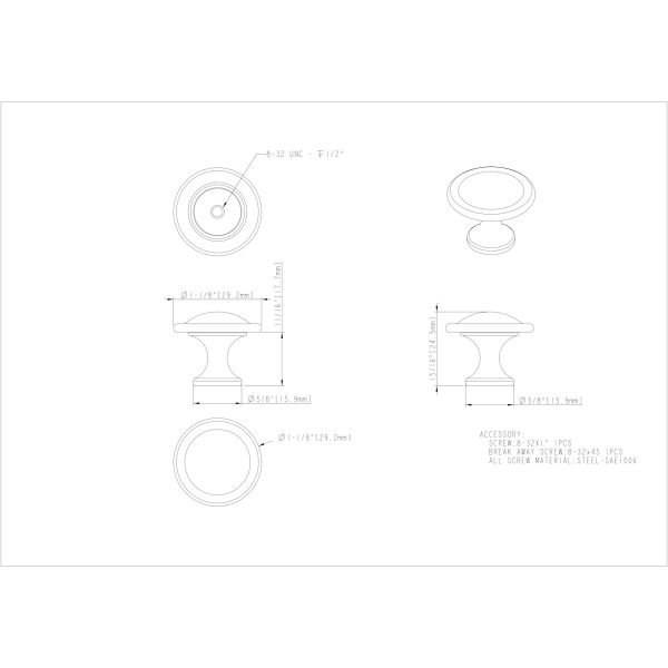 1-1/8" Diameter Brushed Oil Rubbed Bronze Button Watervale Cabinet Mushroom Knob - Image 3