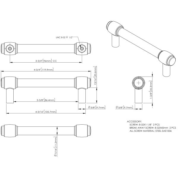 96 mm Center-to-Center Polished Chrome Carmen Cabinet Bar Pull - Image 4