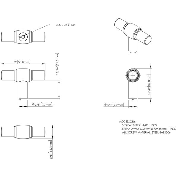 2" Satin Nickel Carmen Cabinet "T" Knob - Image 4