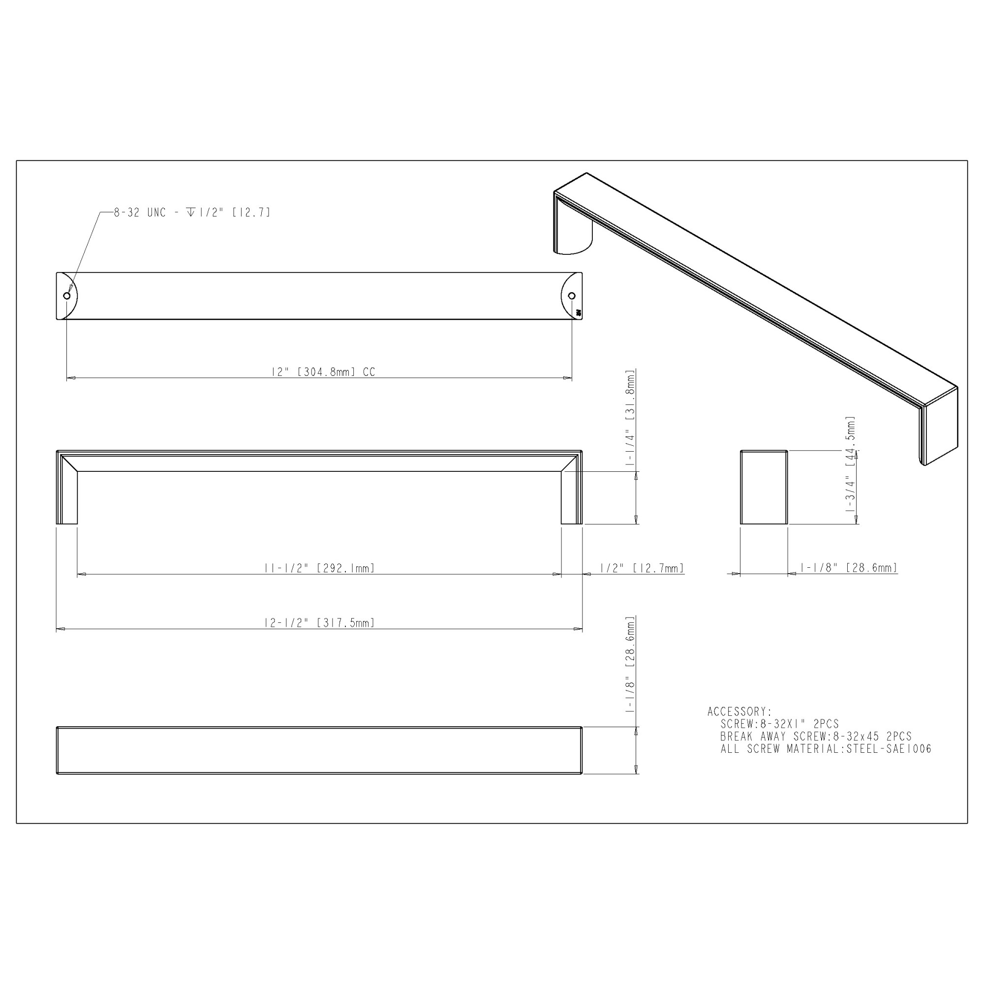 Walker 1 Appliance Pull in Satin Nickel