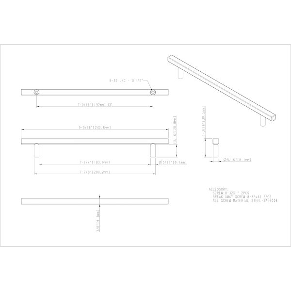 192 mm Center-to-Center Satin Nickel Square Dominique Cabinet Bar Pull - Image 7