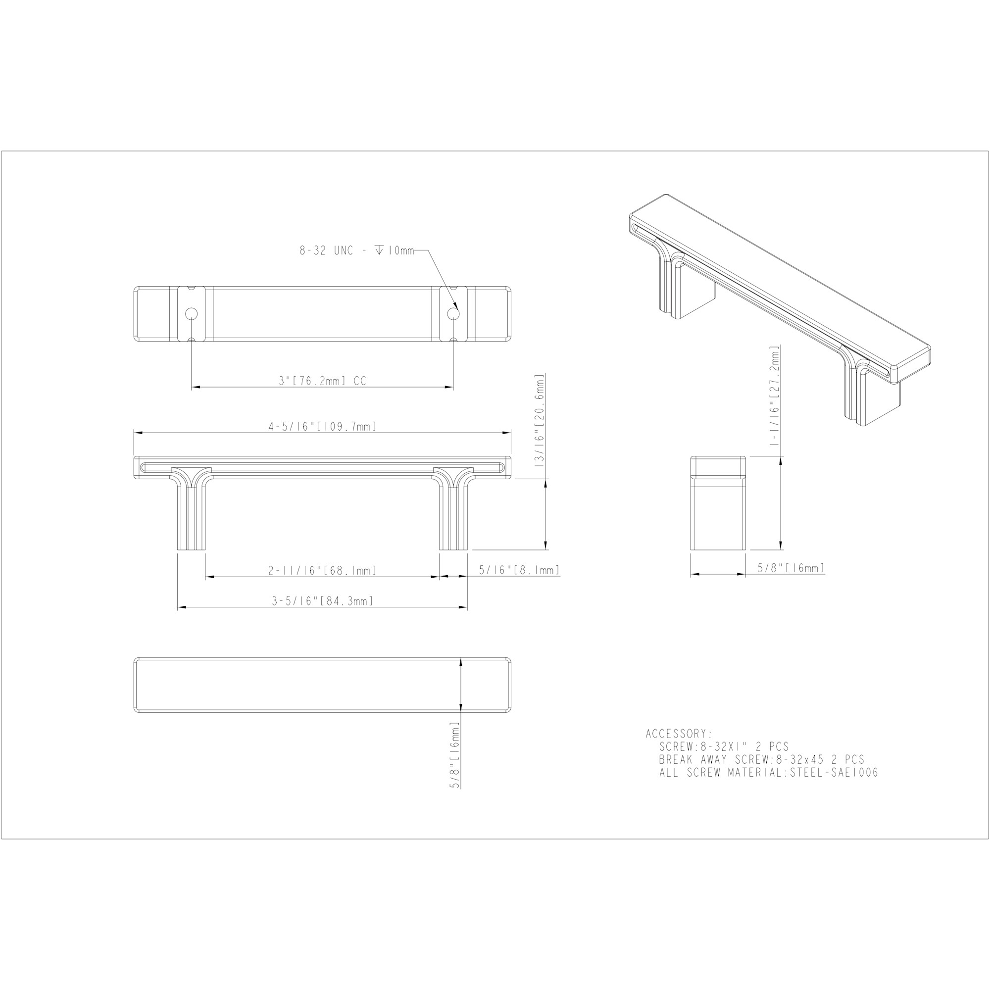 3" Center-to-Center Brushed Oil Rubbed Bronze Square Anwick Cabinet Pull - Image 4