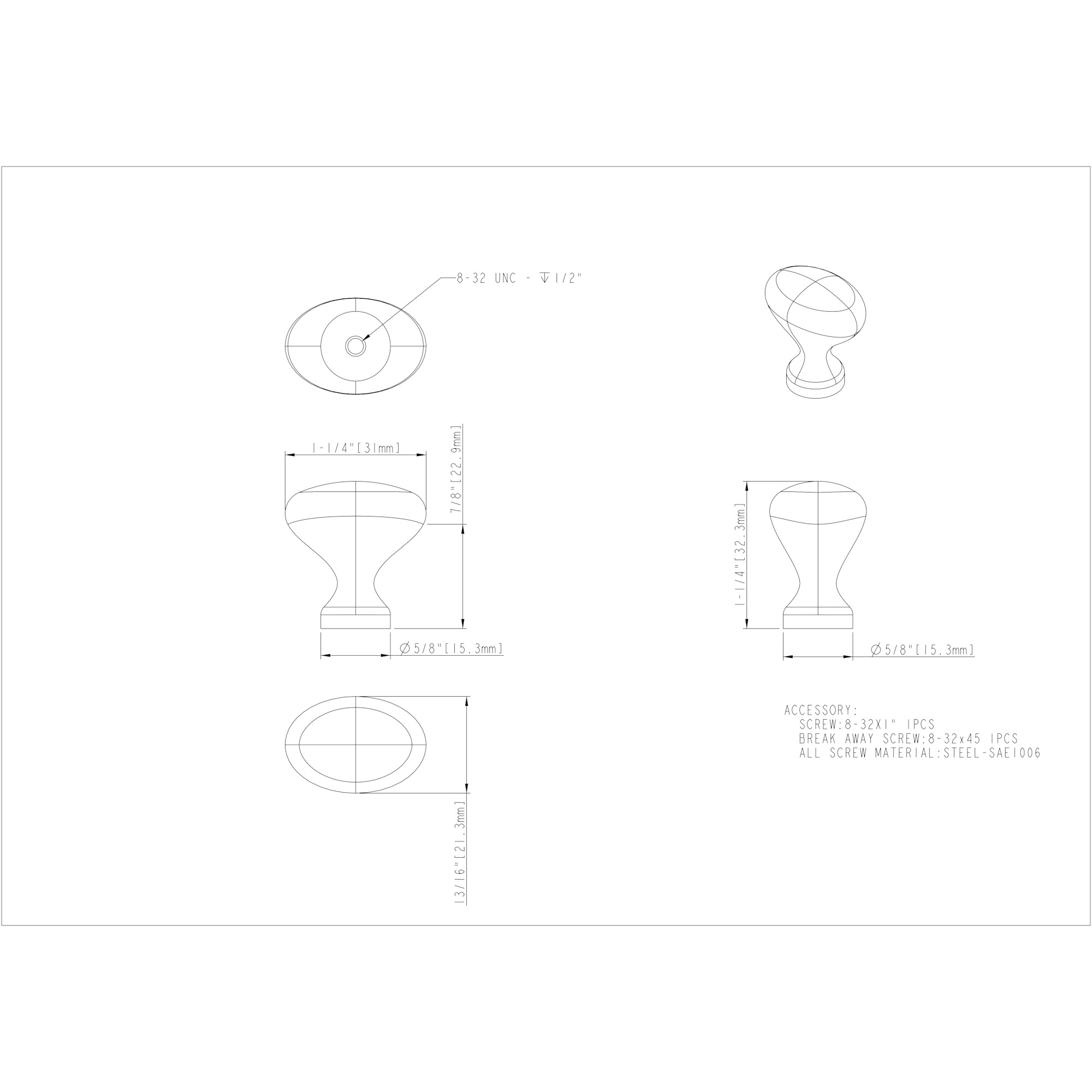 1-1/4" Overall Length Brushed Oil Rubbed Bronze Oval Merryville Cabinet Knob - Image 4