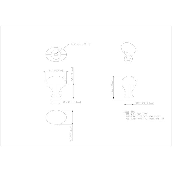 1-1/8" Overall Length Matte Black Oval Merryville Cabinet Knob - Image 3