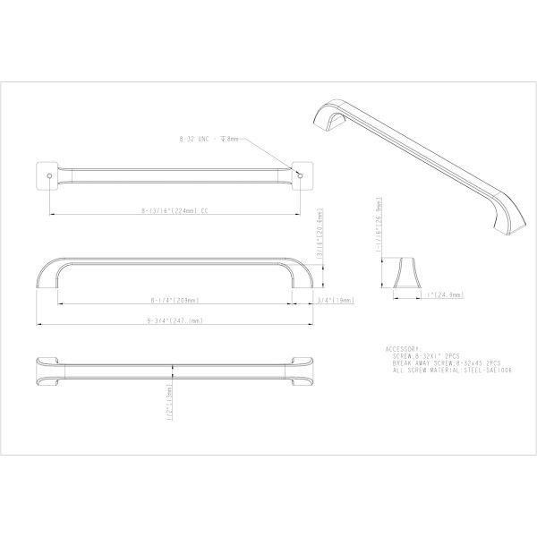 224 mm Center-to-Center Polished Nickel Square Marlo Cabinet Pull - Image 4