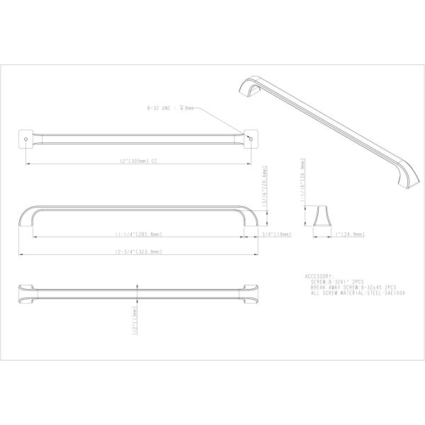 305 mm Center-to-Center Brushed Pewter Square Marlo Cabinet Pull - Image 4