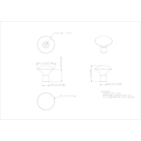 1-1/16" Diameter Satin Nickel Zachary Cabinet Mushroom Knob - Image 3