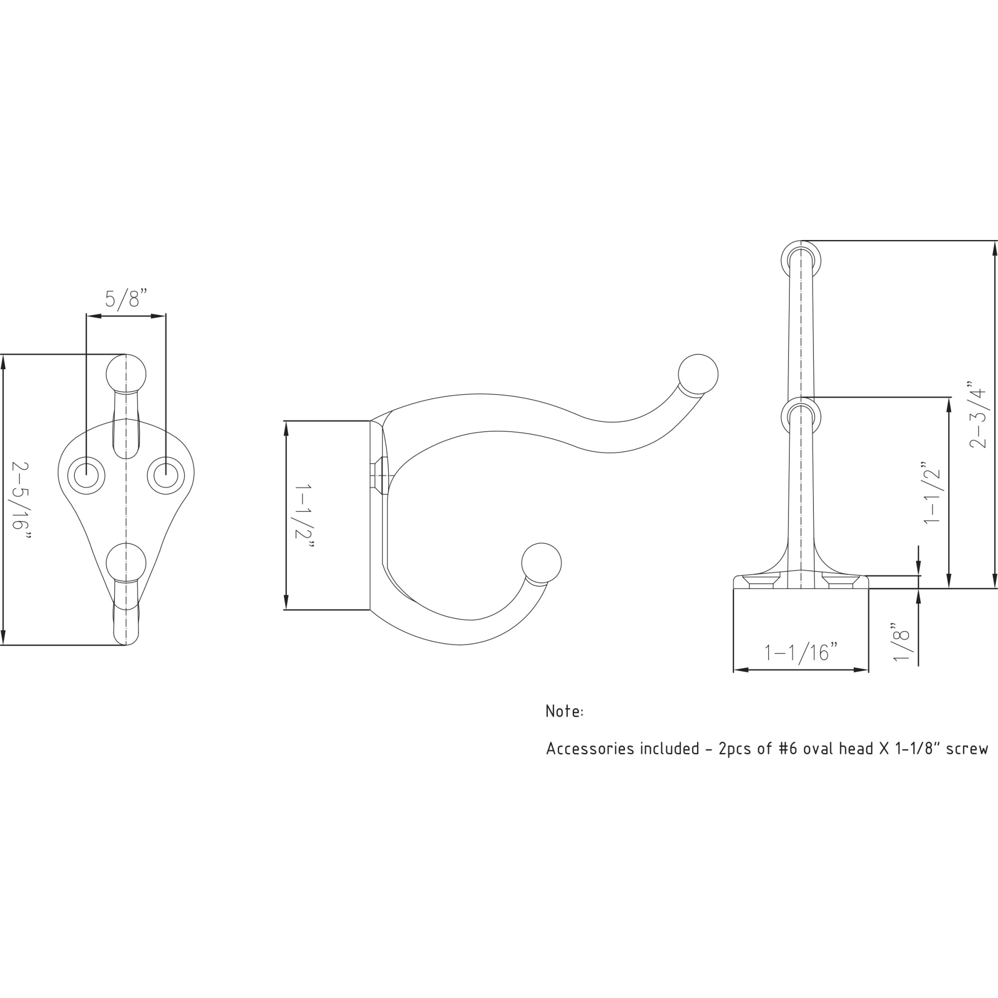 2-5/16" Traditional Double Prong Ball End Wall Mounted Utility Hook in Satin Nickel