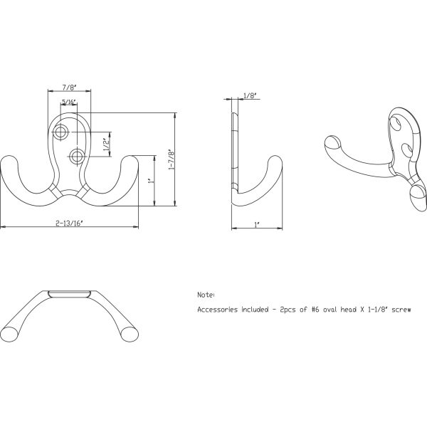 1-7/8" Satin Nickel Heavy Duty Double Prong Wall Mounted Hook - Image 4