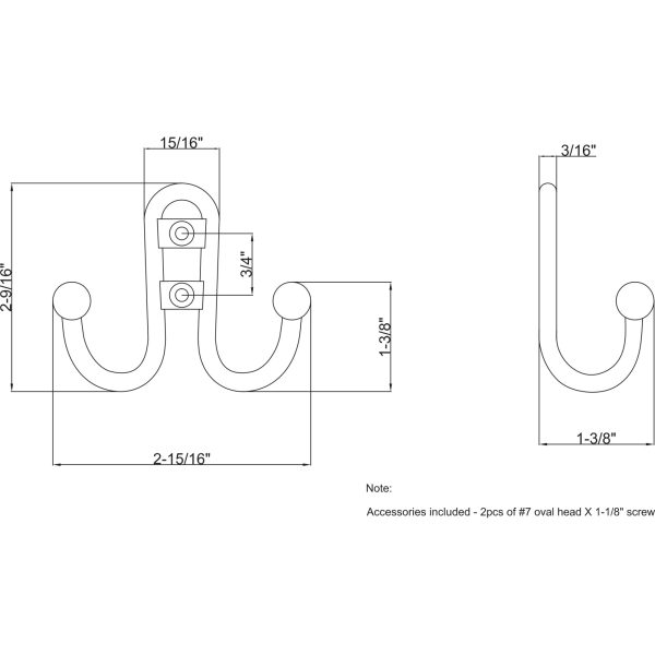 2-9/16" Satin Nickel Classic Double Prong Ball End Wall Mounted Hook - Image 4