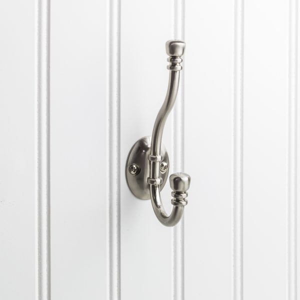 5-3/16" Satin Nickel Ringed Contemporary Double Prong Wall Mounted Hook
