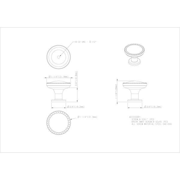 1-1/4" Diameter Brushed Pewter Round Rope Detailed Lindos Cabinet Knob - Image 3