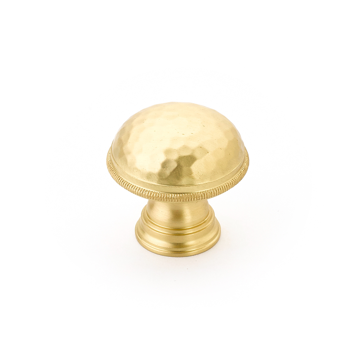 Atherton Knob, Hammered, Knurled Edges in Satin Brass